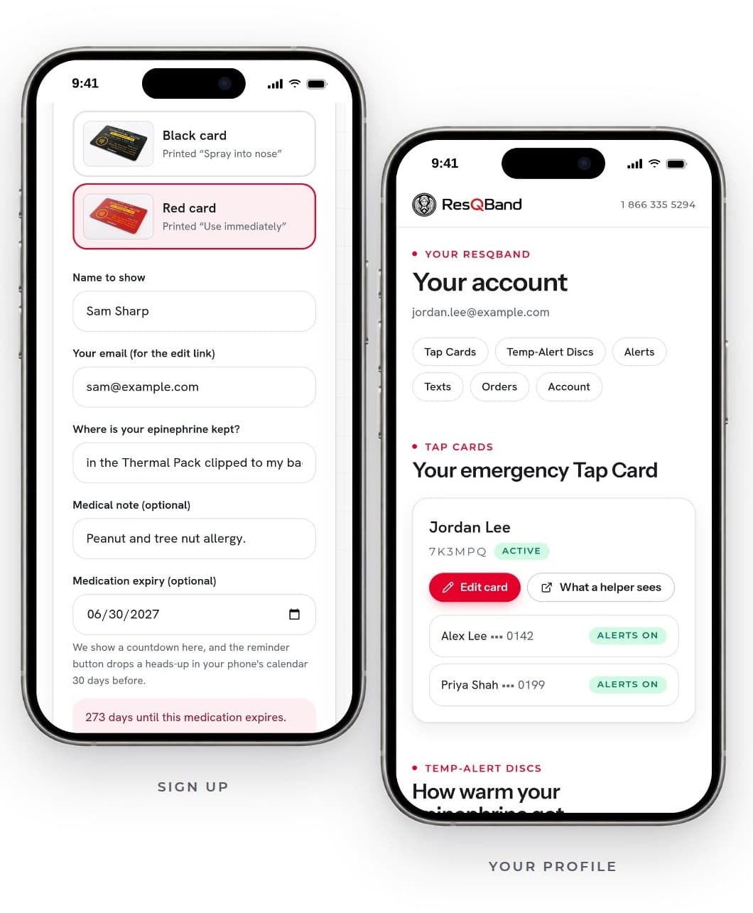 The free ResQBand app: signing up with your card's details and your medication's expiry date, and your account showing your Tap Card and two emergency contacts with alerts on