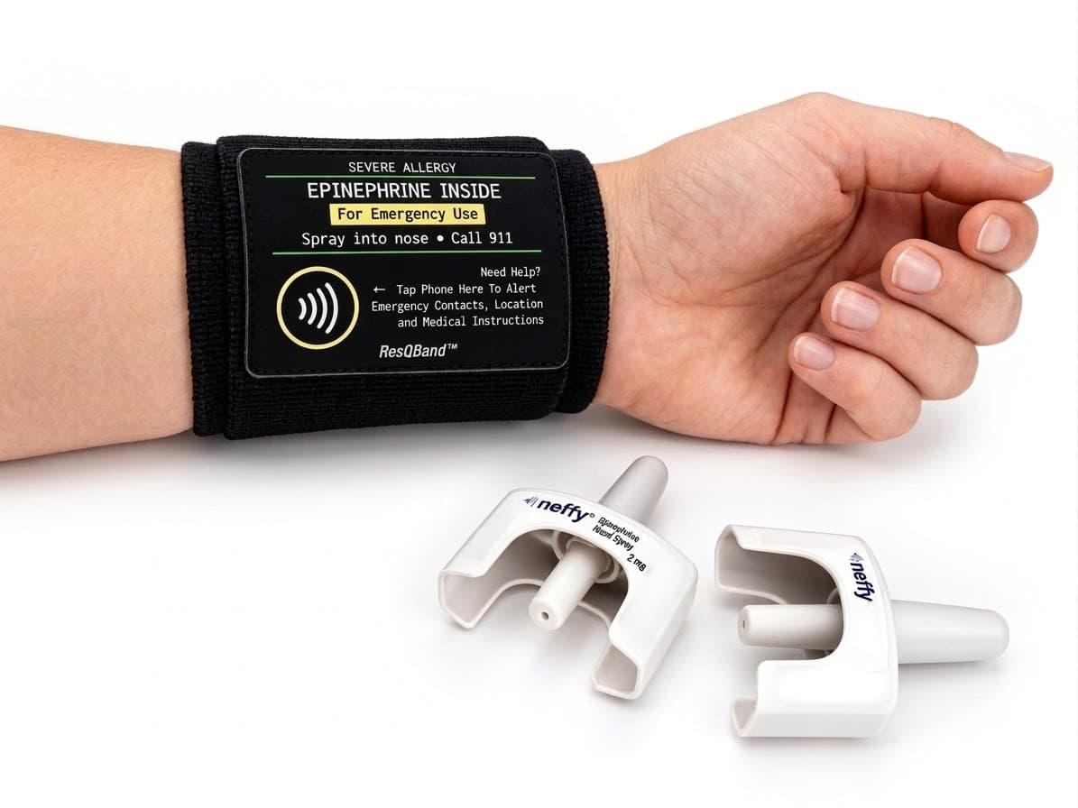 ResQBand Wrist Band worn on the wrist, card tappable in the window, with two neffy devices