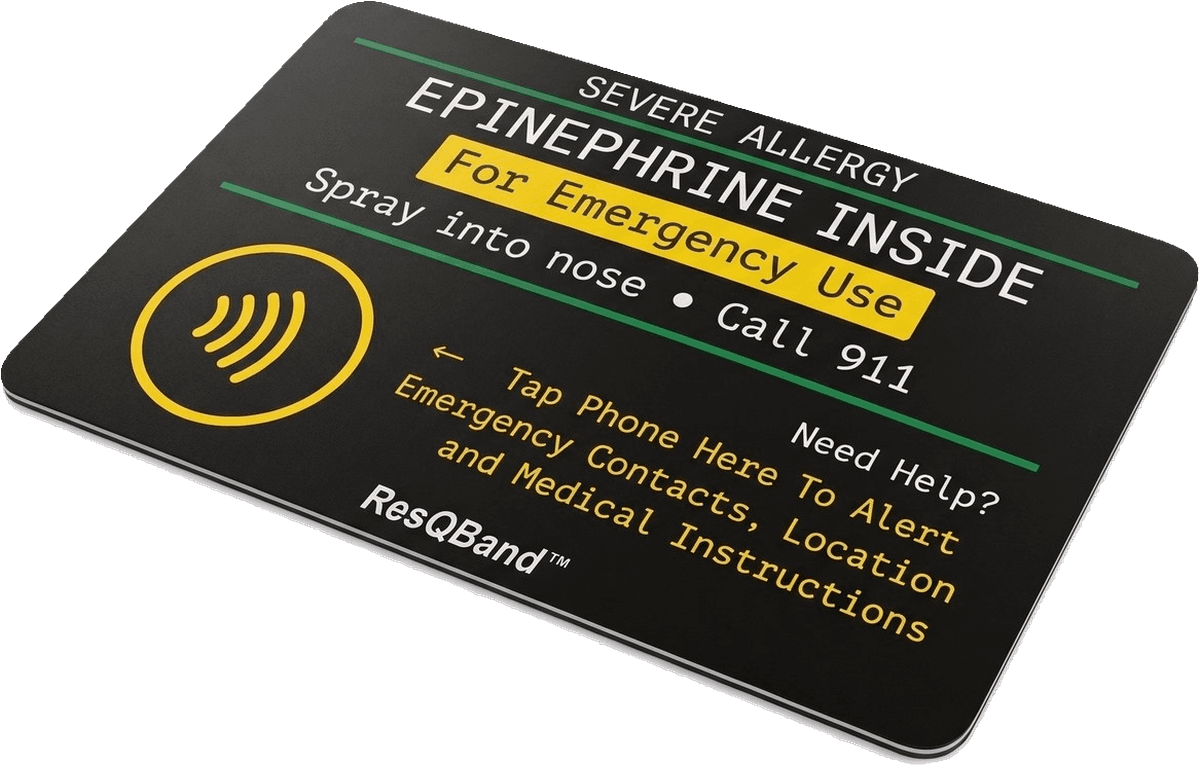 ResQBand Tap Card for neffy, in black: severe allergy, epinephrine inside, for emergency use, spray into nose, call 911, tap a phone to alert emergency contacts