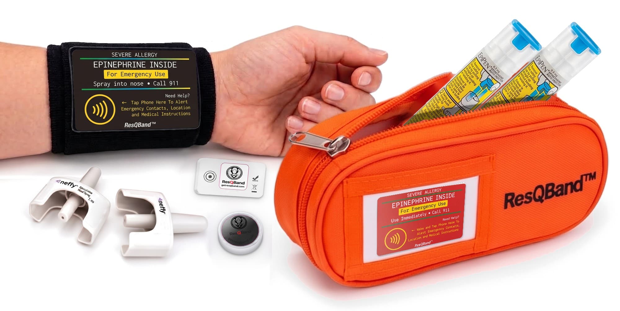 The ResQBand Epinephrine System: Wrist Band with the Tap Card, two neffy devices, the Forget-Me-Not Epi Tracker, the Temp-Alert Disc, and the Thermal Pack holding two EpiPens with the red Tap Card in its sleeve