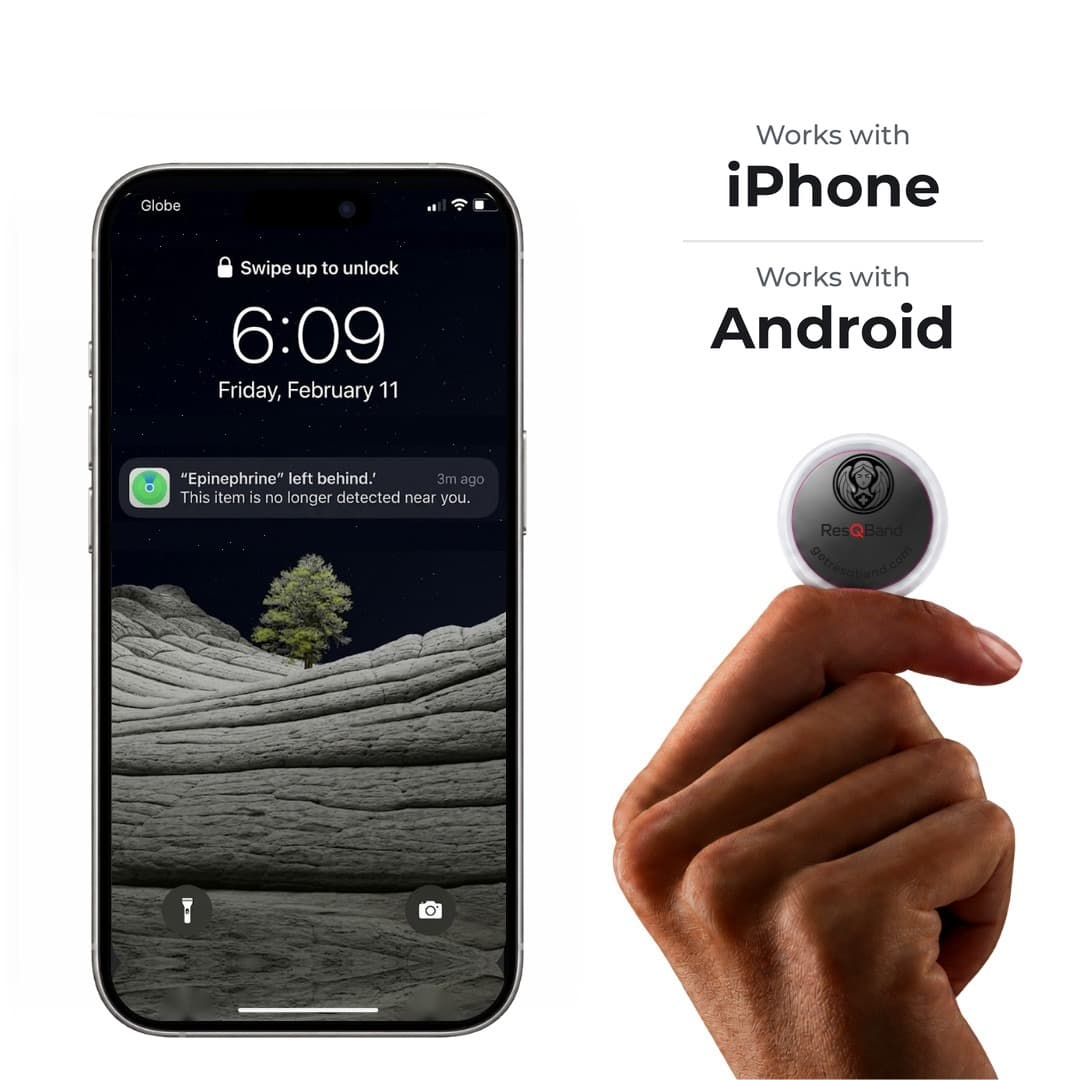 Forget-Me-Not Epi Tracker with the ResQBand label, held between two fingers, beside a phone showing the alert that the epinephrine was left behind; works with iPhone or Android