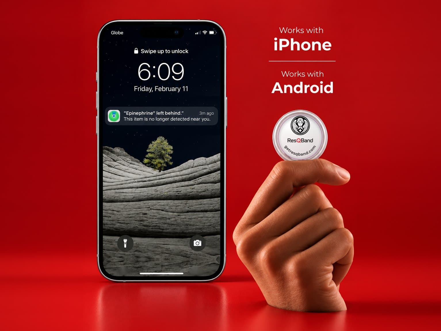 Forget-Me-Not Epi Tracker with the white ResQBand label, held between two fingers, beside a phone lock screen showing the alert that the epinephrine was left behind; works with iPhone or Android
