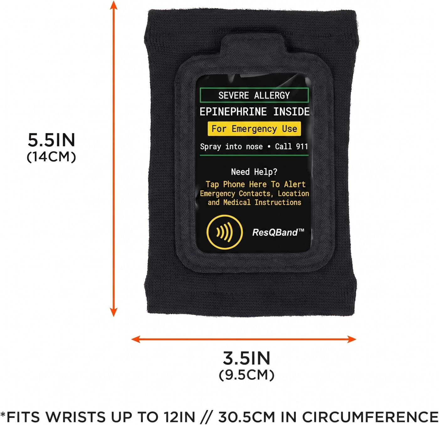 ResQBand Armband, 5.5 by 3.5 inches, with the card in its window