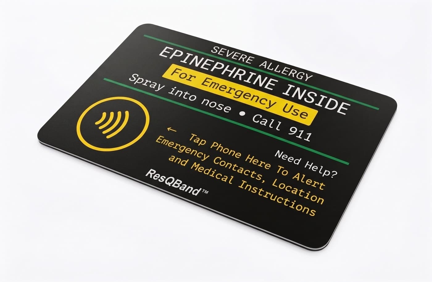 ResQBand Card: severe allergy, epinephrine inside, spray into nose, call 911, tap phone to alert emergency contacts