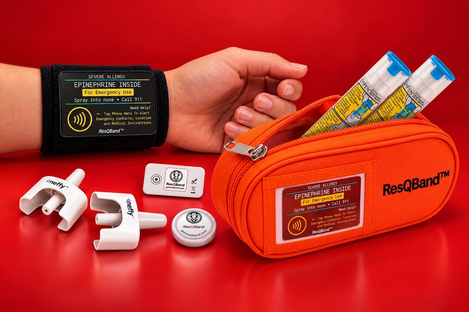 The ResQBand kit on a red studio set: the Wrist Band with the black Tap Card, the Thermal Pack with the red Tap Card and two epinephrine auto-injectors, two neffy devices, the Forget-Me-Not Epi Tracker and the Temp-Alert Disc