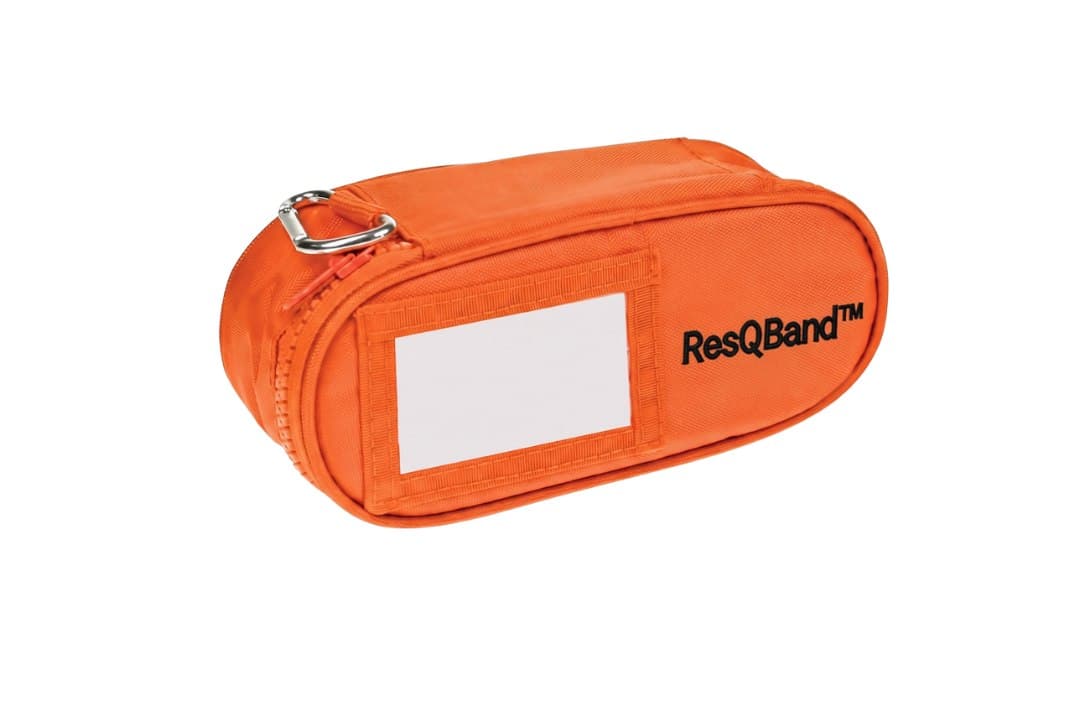 ResQBand Thermal Carry, rescue-orange insulated case with the front card sleeve and carabiner